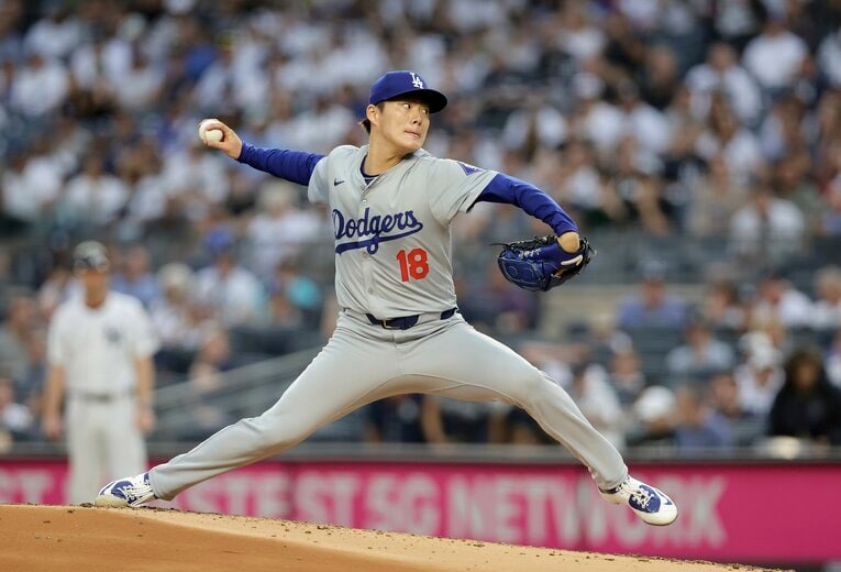 ヤンキース戦で7回を投げ2安打無失点の好投をみせた山本　©︎Getty Images