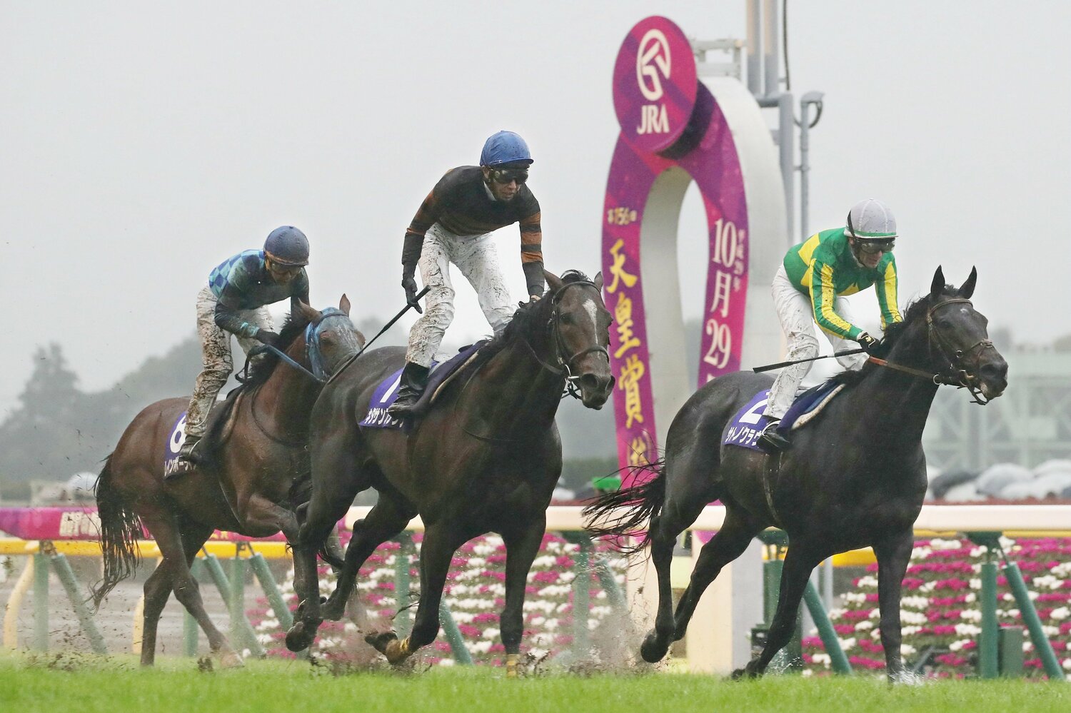 出遅れ、ぬかるんだ馬場、サトノクラウンと内外を入れ替えての追い比べ……死闘とも言えるタフなレースを制したキタサンブラック ©JIJI PRESS