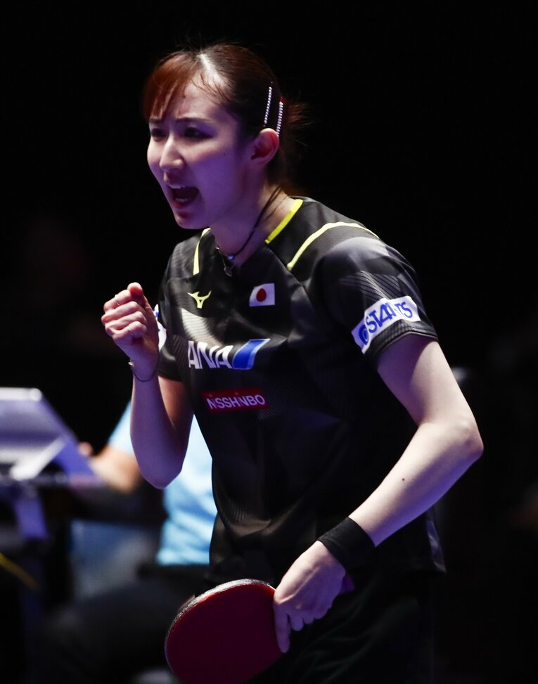 決勝戦にて、中国の陳夢に勝利した早田ひな　©JIJI PRESS