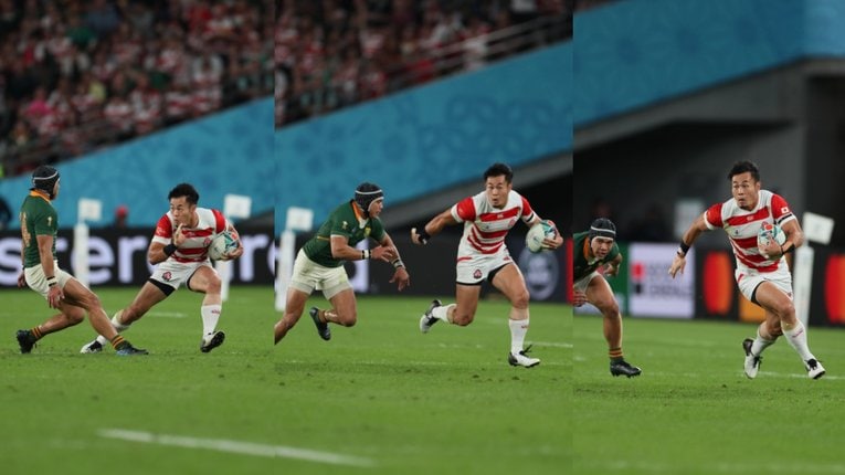 W杯で南アフリカ代表WTBコルビとマッチアップする福岡　©︎Naoya Sanuki