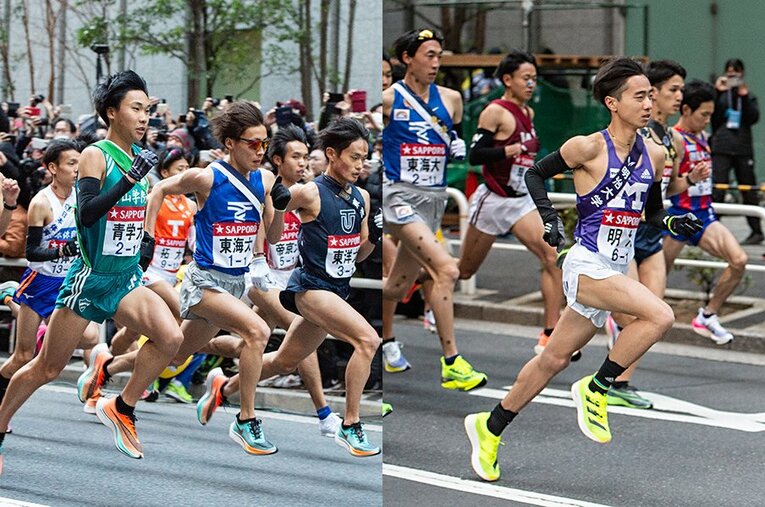 前回大会のスタート直後（左）と今大会のスタート直後。沿道応援の数は85％減少したというが、これをどう評価すべきか ／ photograph by Nanae Suzuki