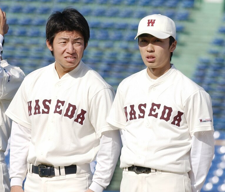 早慶戦100周年試合に出場したダイエー和田と阪神入団を控えた鳥谷（2003年）©︎JIJI PRESS