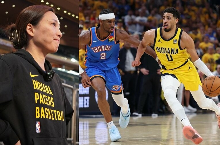 NBAインディアナ・ペイサーズでトレーナーを務める佐藤絢美さん（左）。激闘となったファイナルを振り返った ／ photograph by NBATA, Maddie Meyer/Getty Images