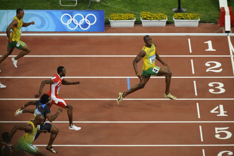 2008年の北京五輪で100mの世界新記録（当時）をマークしたウサイン・ボルト　©Takuya Sugiyama/JMPA