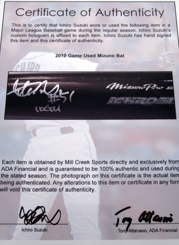 試合で使用されたことがイチローのサインをもって証明されている©Aki