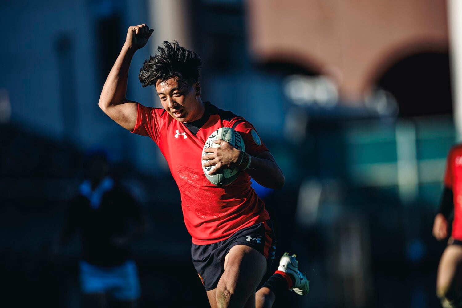 早大との決勝戦でトライを決めた日隈　©Kiichi Matsumoto