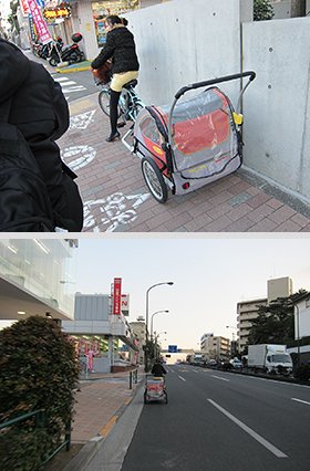 自動車にもスポーツ自転車にも負けず、グングン走るお母さん。