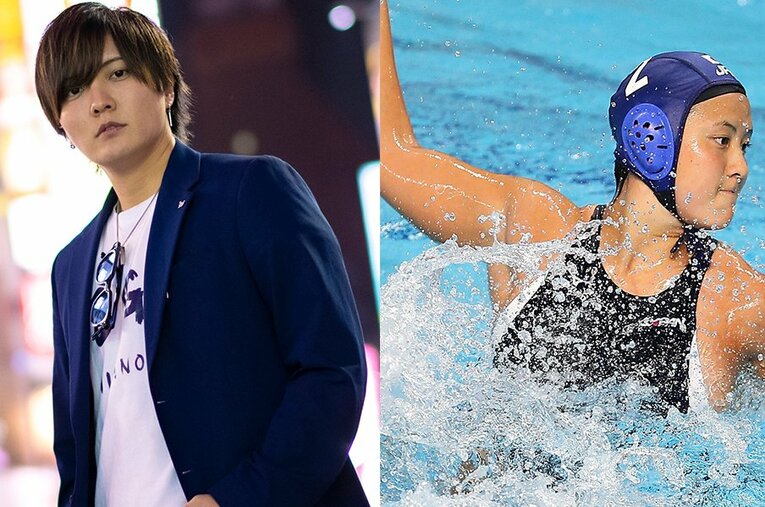 （左）歌舞伎町でホストとして活動している現在の成宮涼（右）女子水球日本代表として活躍していた当時の写真 ／ photograph by Takuya Sugiyama／Getty Images