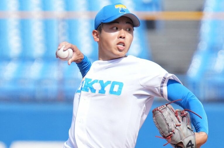 今年のドラフトで東大史上7人目のプロ入りを目指すエース・井澤駿介投手。今から28年前、ドラフト候補として複数のプロ野球スカウトから注目された東大4番がいた ／ photograph by Sankei Shimbun