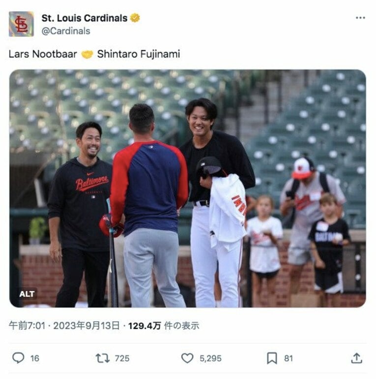 藤浪と初対面を果たしたヌートバー／カージナルスの球団公式X（旧Twitter）@cardilalsより