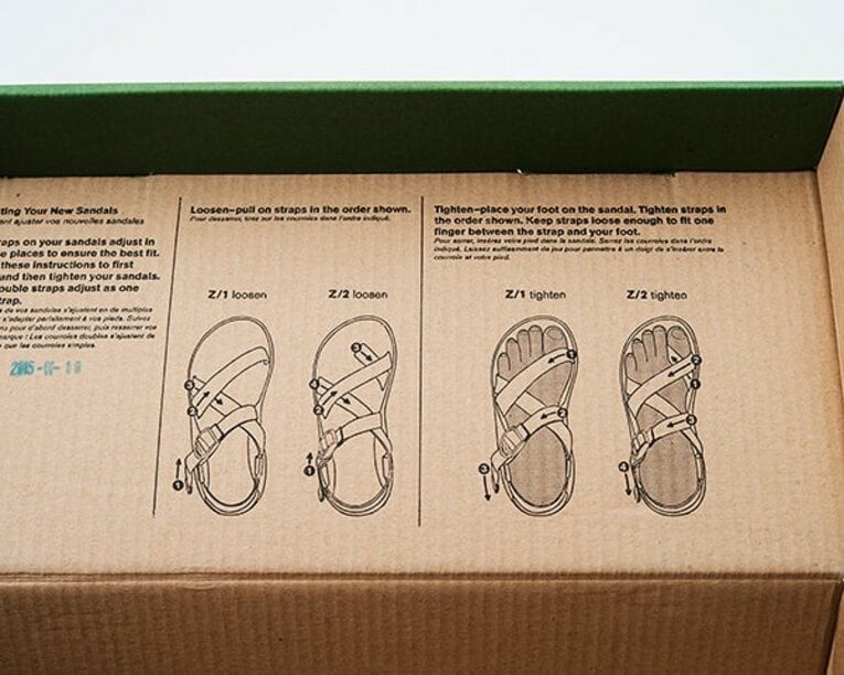 箱の蓋の裏に、ウェビングベルトの締め方（緩め方も）を図解で表記。番号順に締めればどんな足のカタチをした人でも、しっかりとサンダルをフィットさせることができる。