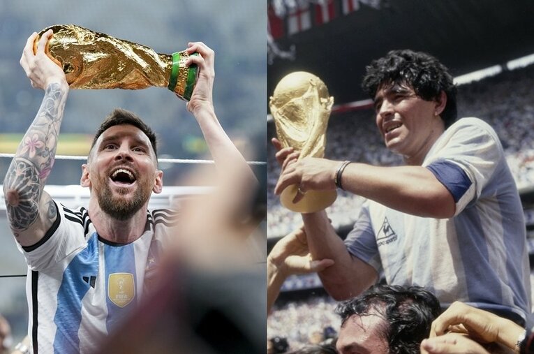 念願のW杯トロフィーを手にしたメッシとマラドーナ。2大スター以外の「アルゼンチンフットボール史」の全容は意外と知らないかも？ ／ photograph by Kaoru Watanabe/JMPA,Getty Images