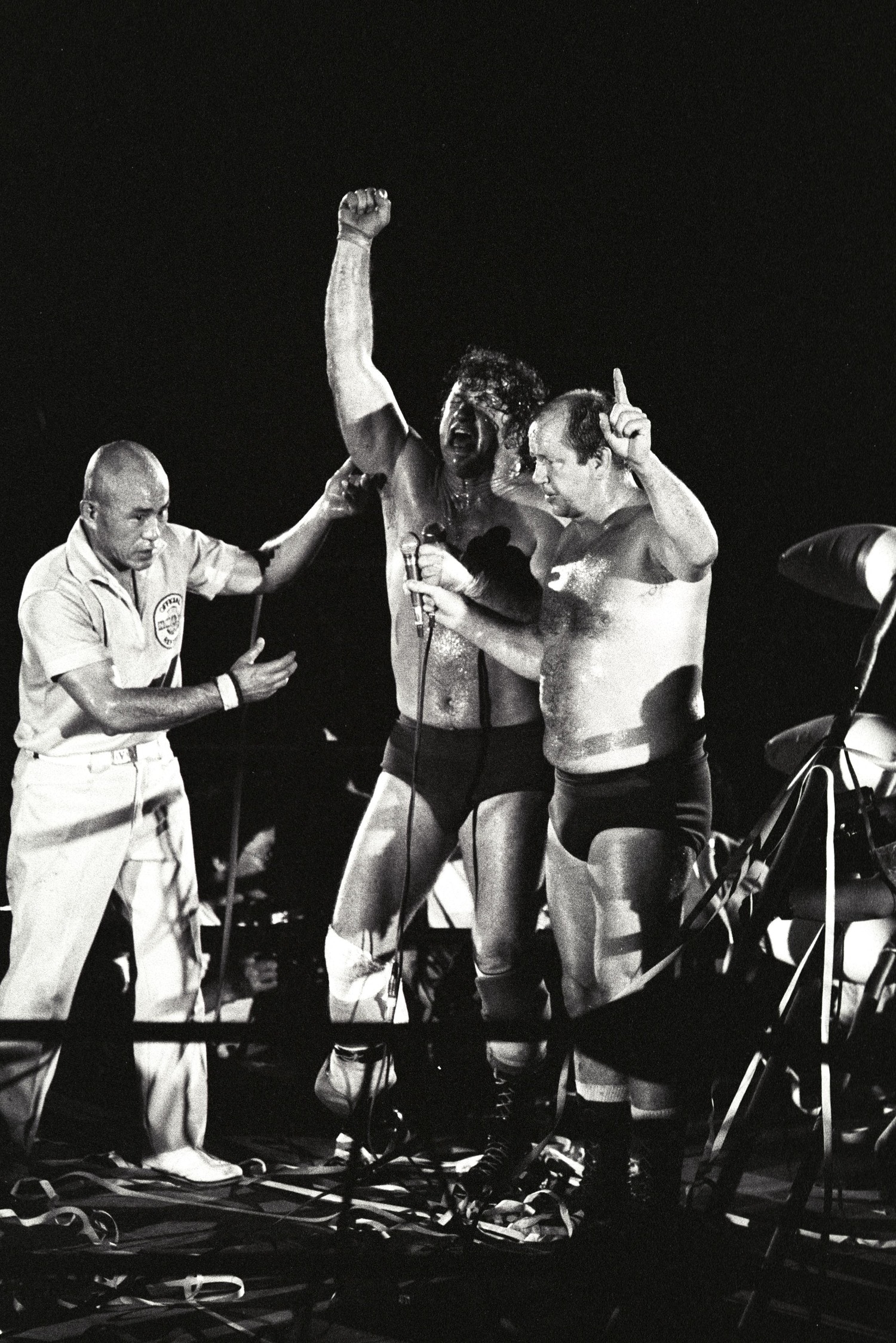 引退試合で「フォーエヴァー！」と繰り返し叫ぶテリー・ファンク。1983年8月31日、蔵前国技館