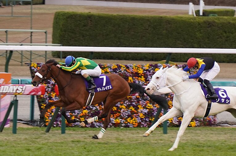 阪神ジュベナイルフィリーズでのサトノレイナス（左）とソダシ。このレースをクビ差で制した白毛馬に国枝師が再び挑む ／ photograph by Satoshi Hiramatsu