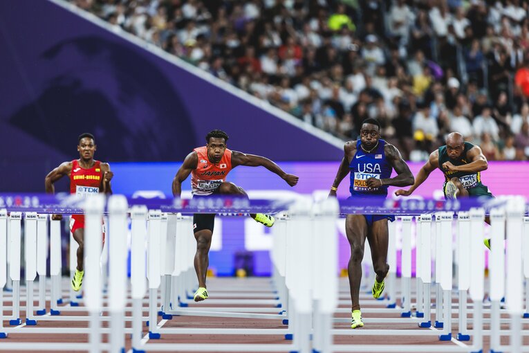 【東京世界陸上】110mハードル予選を走る村竹ラシッド（JAL）　©Kiichi Matsumoto