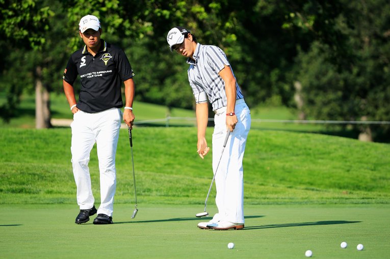 全米プロゴルフ選手権で同い年の松山英樹と練習する石川遼（2013年）©︎Getty Images