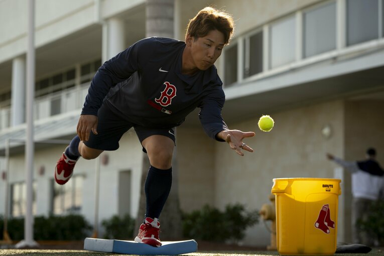 黙々とトレーニングする吉田正尚（2026年撮影　※写真は右に続きます）　　©︎Maddie Malhotra/Boston Red Sox/Getty Images