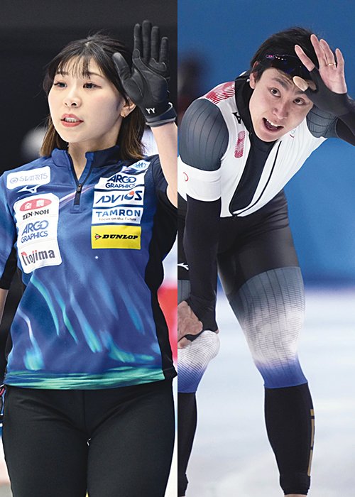 ミラノ・コルティナ五輪男子500mで6位入賞を果たした新濱（右）。レース後、観戦していた吉田（左）から報道陣の前で労いの言葉をかけられた