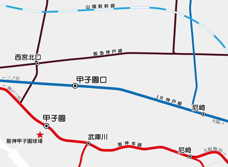 こちらが今回の路線図。甲子園口から南へずっと歩いて甲子園球場を目指す