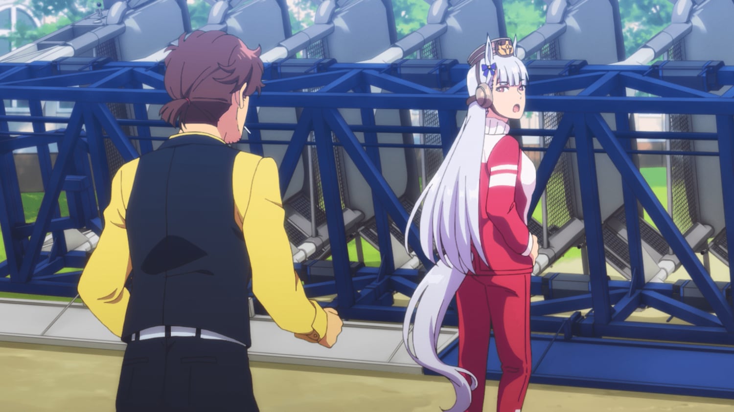 「うまく出られない」どころか、ゲートをひっくり返すゴールドシップに頭を抱えるトレーナー　©2023 アニメ「ウマ娘 プリティーダービー Season 3」製作委員会