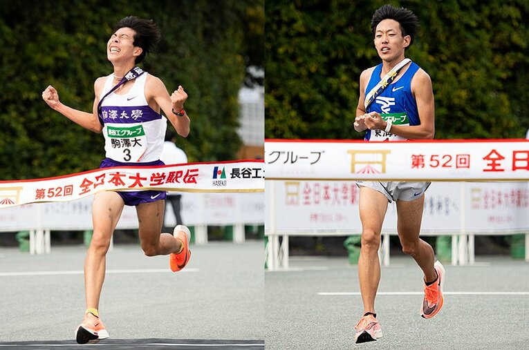 8区で長く並走を続けた駒沢大の田澤廉（左）と東海大の名取燎太。2人の名ランナーの足元にはナイキのマークが ／ photograph by Asami Enomoto