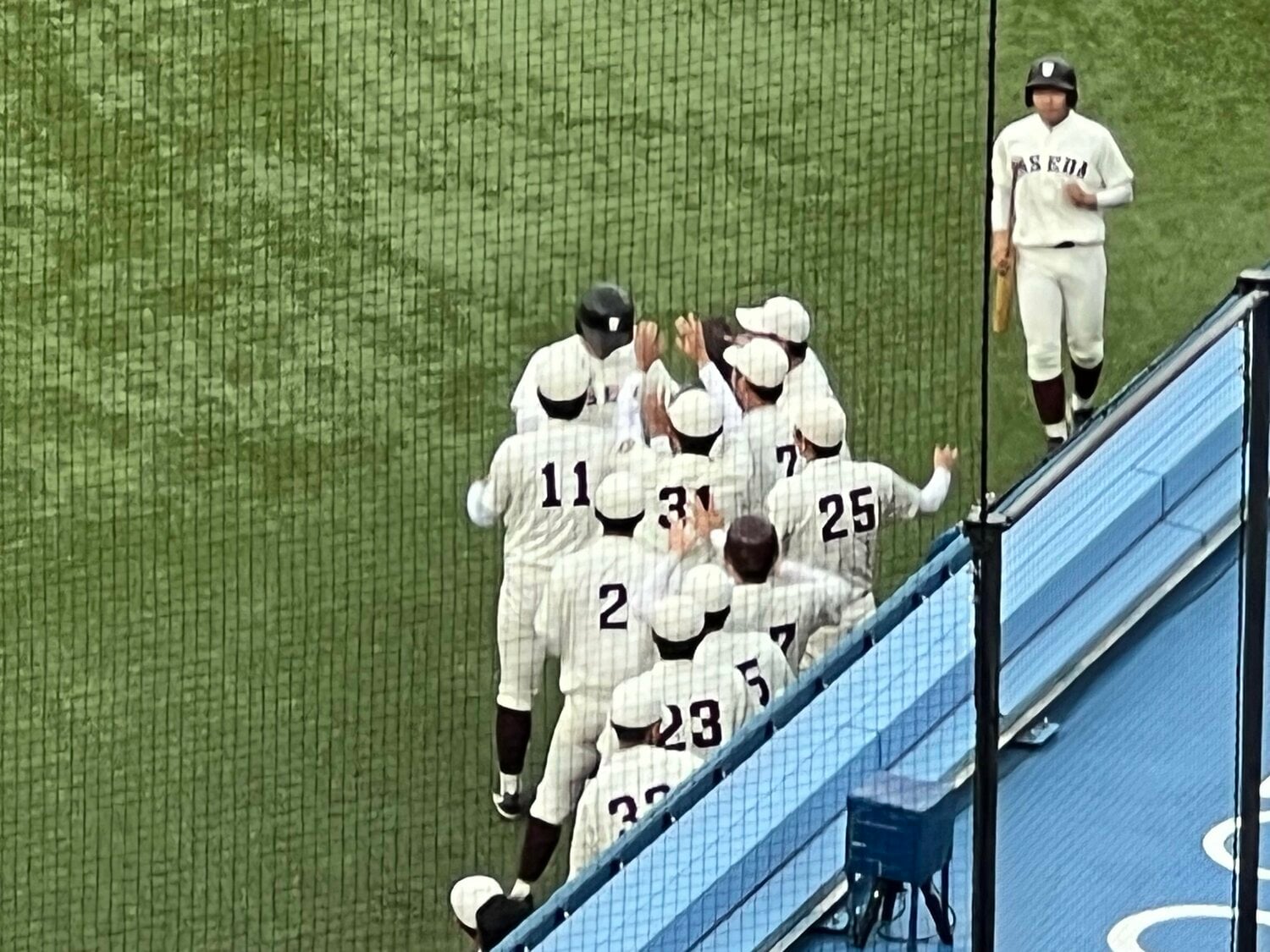 最終戦でヒットを放ちベンチで迎えられる福太郎 ©Takeshi Shimizu