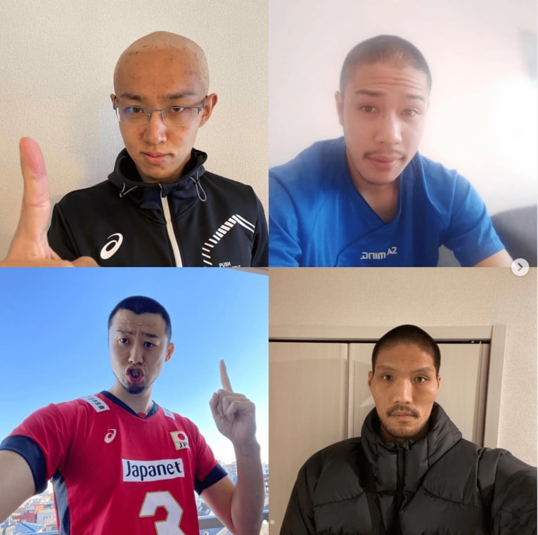 藤井を励ますために、東レ同期入団の3人は坊主頭に（藤井直伸のInstagramより）