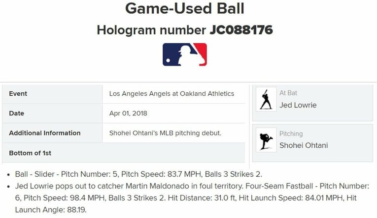 大谷翔平メジャー初登板初勝利の試合、2018年4月1日の１回裏に大谷が投げた98.4マイルのフォーシームでキャッチャーファールフライになったボールと特定されている