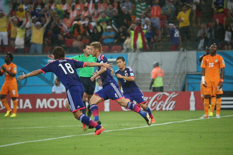 2014年ブラジルW杯コートジボワール戦で先制点をあげた本田　©︎JMPA