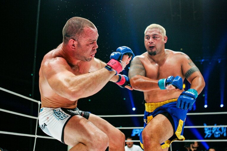 マーク・ハントのパンチでよろめくヴァンダレイ・シウバ　©Susumu Nagao