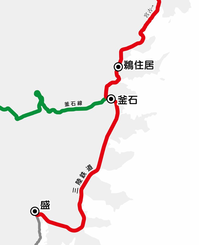 鵜住居駅までの路線図。釜石駅からは三陸鉄道に乗って2駅、12分