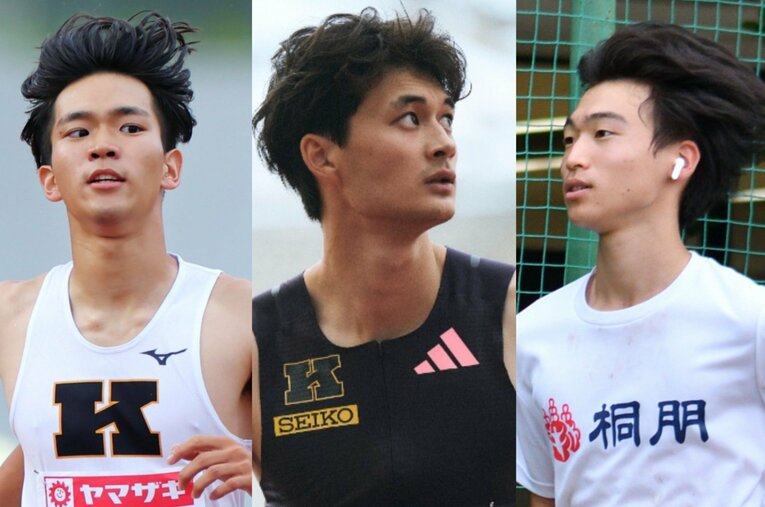パリ五輪代表の豊田兼（中央）をはじめ、ジュニア王者の高橋諒（左）、吉澤登吾（右）と今季日本王者を3人も輩出した桐朋高校陸上部 ／ photograph by (L)AFLO、(C)Yuki Suenaga、(R)Hideki Sugiyama
