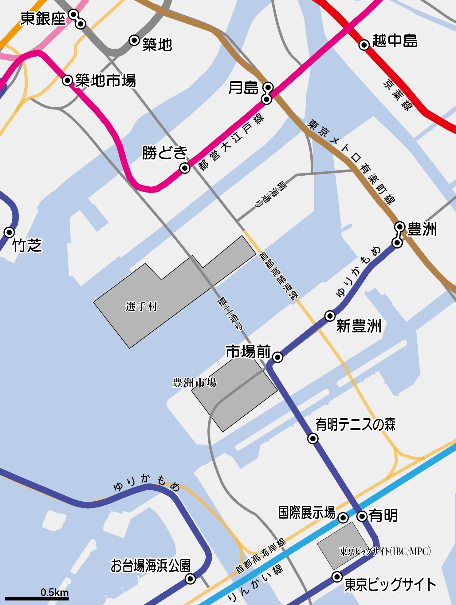 選手村（中央）があるのが晴海。晴海には鉄道駅がないので、大江戸線の勝どき駅から徒歩でいく