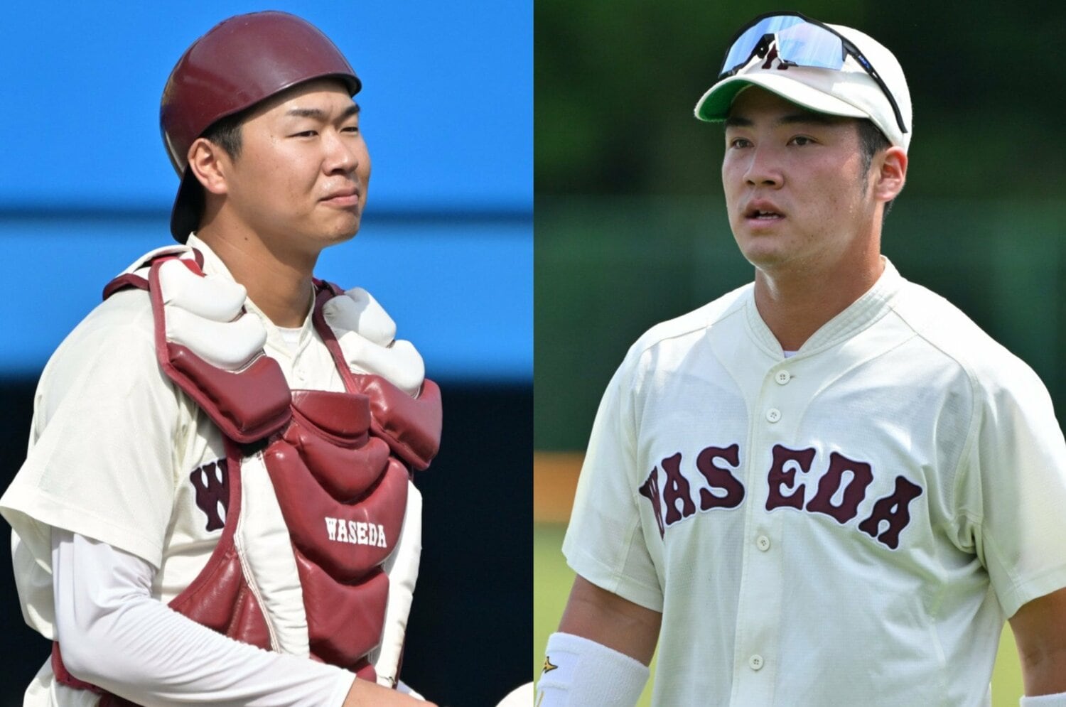 指名漏れとなった印出主将（左）と楽天から5位指名を受けた吉納副将　©Hideki Sugiyama