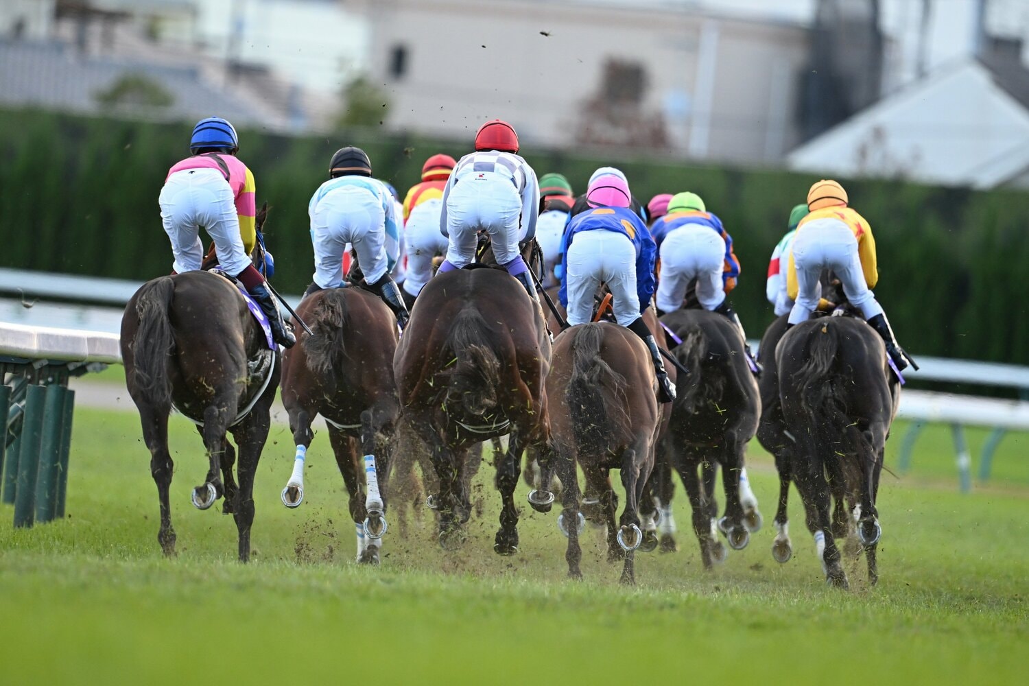 1コーナーを回るドウデュースと武豊（赤帽）。最後方のポジションを選択した　©Keiji Ishikawa