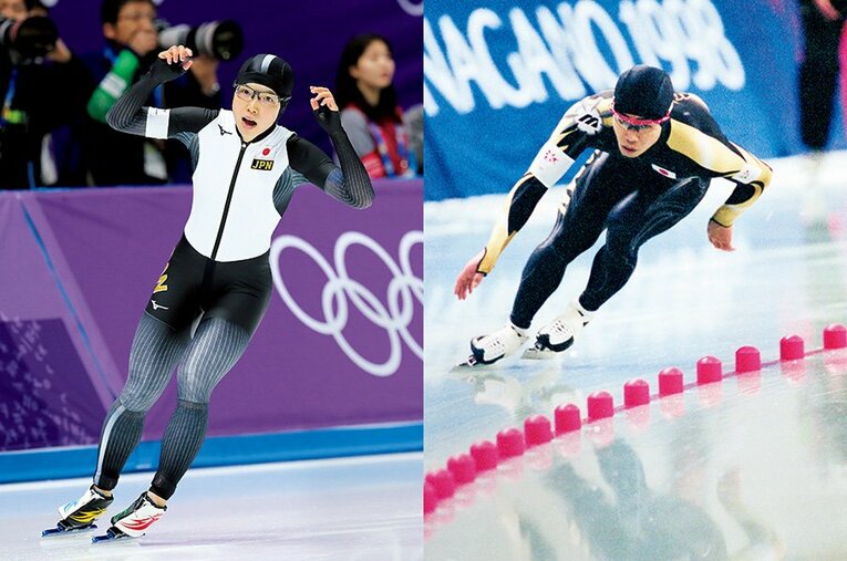 （左）2018 PyeongChang 五輪レコードを塗り替える 36秒94と、低地リンクの常識を打ち破る記録を叩き出した。（右）1998 Nagano 長野五輪ではスケート競技で日本史上初の金メダルを獲得する快挙を成し遂げた ／ photograph by Ryosuke Menju/JMPA ／ Kazuaki Nishiyama/JMPA
