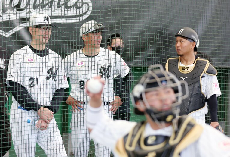 春季キャンプで練習を見つめる吉井監督ら　©︎JIJI PRESS