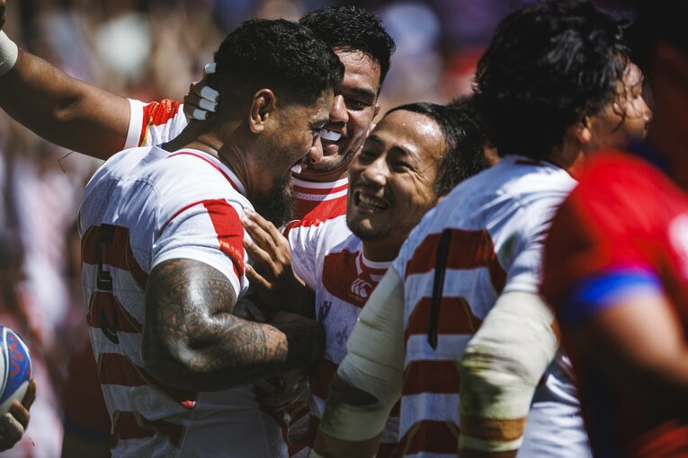 ファカタヴァのトライで喜ぶジャパンの選手たち　©Kiichi Matsumoto