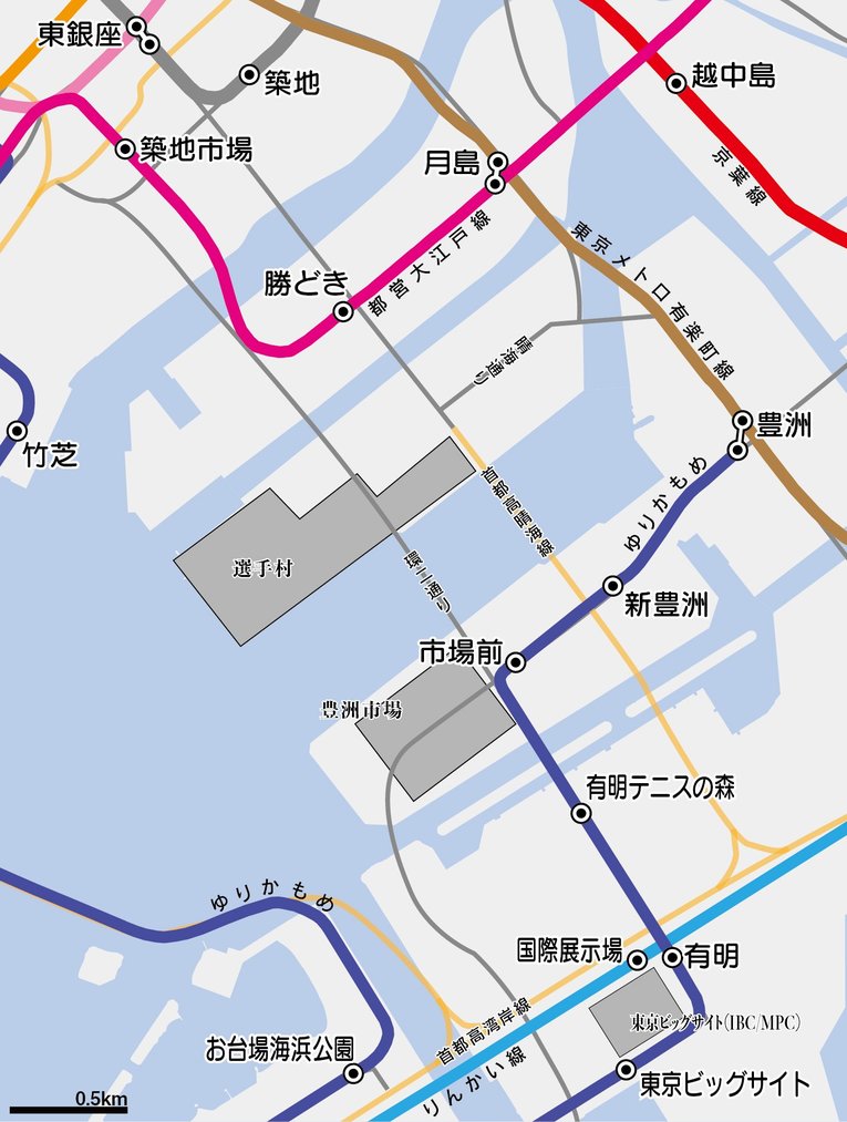 選手村（中央）があるのが晴海。晴海には鉄道駅がないので、大江戸線の勝どき駅から徒歩でいく