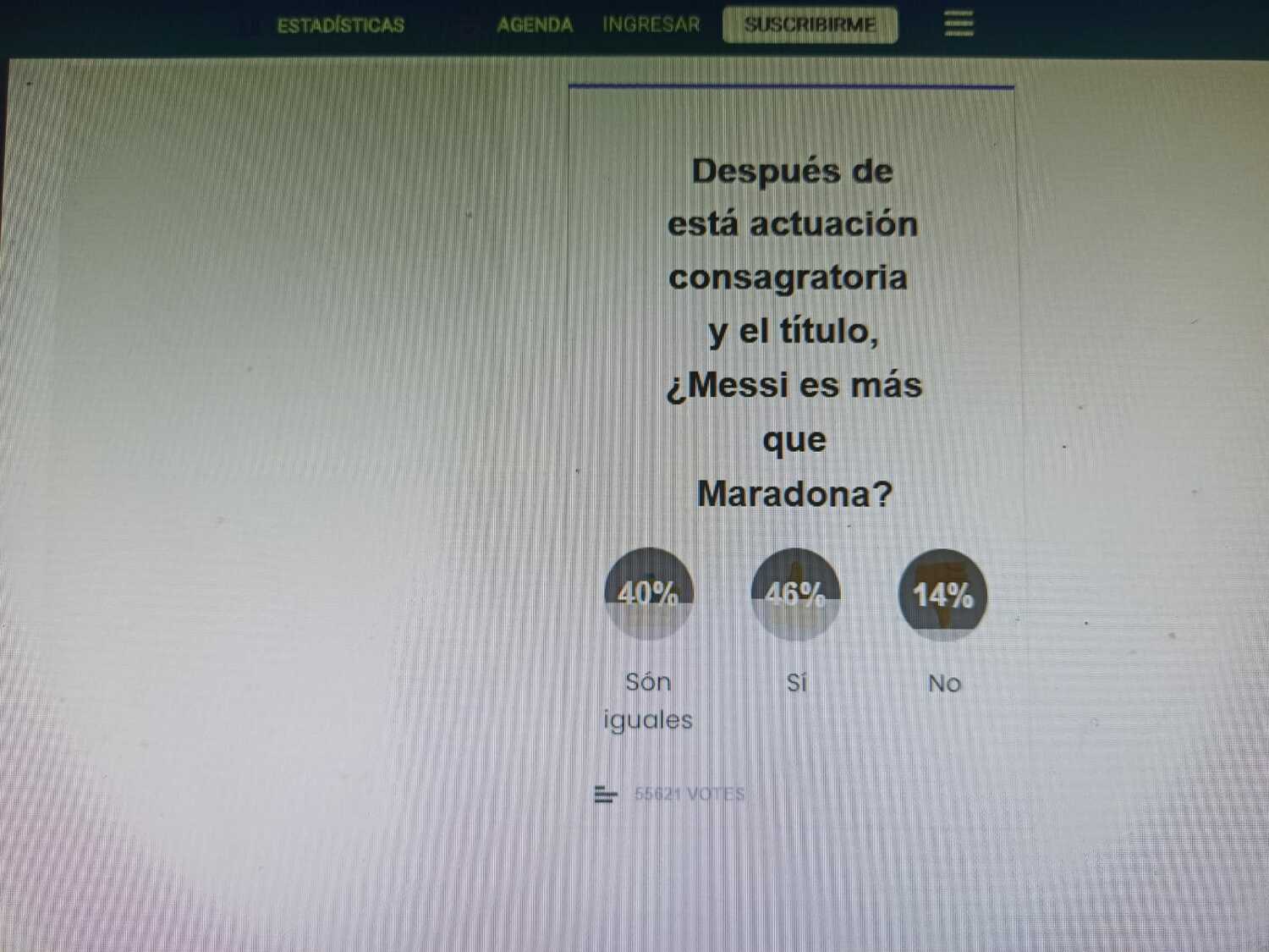 アルゼンチンのスポーツ紙「オレ」が、「メッシとマラドーナはどちらが偉大か」という読者アンケートを実施。答えは、「メッシ」が46％、「同じくらい」が40％、「マラドーナ」が14％