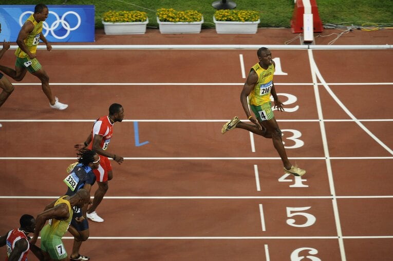 2008年の北京五輪で100mの世界新記録（当時）をマークしたウサイン・ボルト　©Takuya Sugiyama/JMPA