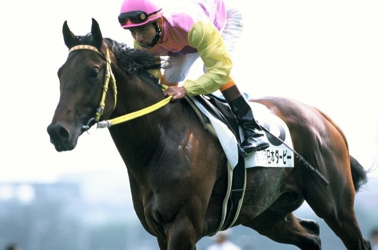 1997年日本ダービーを制したサニーブライアンと大西直宏 ／ photograph by Hisae Imai