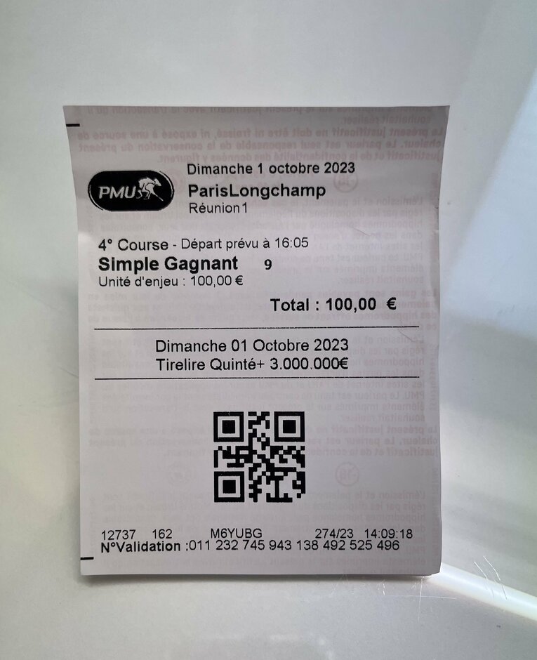 スルーセブンシーズの単勝100ユーロ。フランスで単勝はガニャンという　©Shintaro Okawa