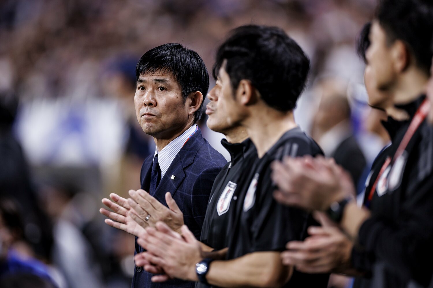 オーストラリア戦の試合前、厳しい表情をみせた森保監督　©Kiichi Matsumoto