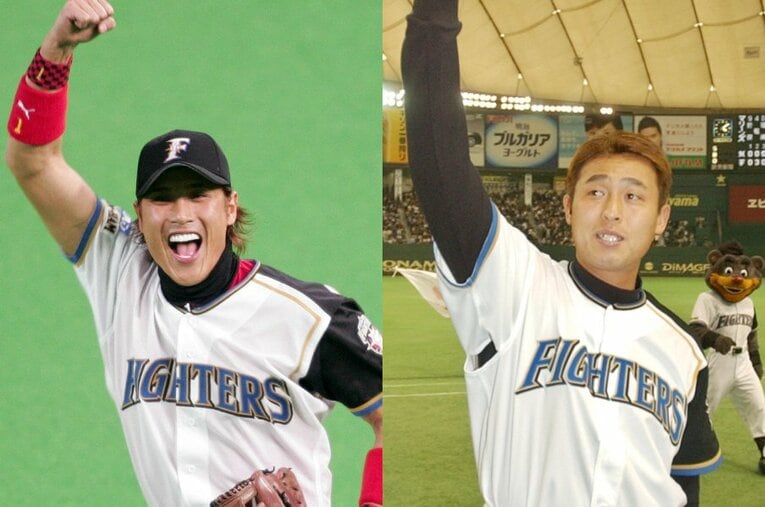 ともに日本ハムでプレーした新庄剛志（左）と岩本勉 ／ photograph by JIJI PRESS