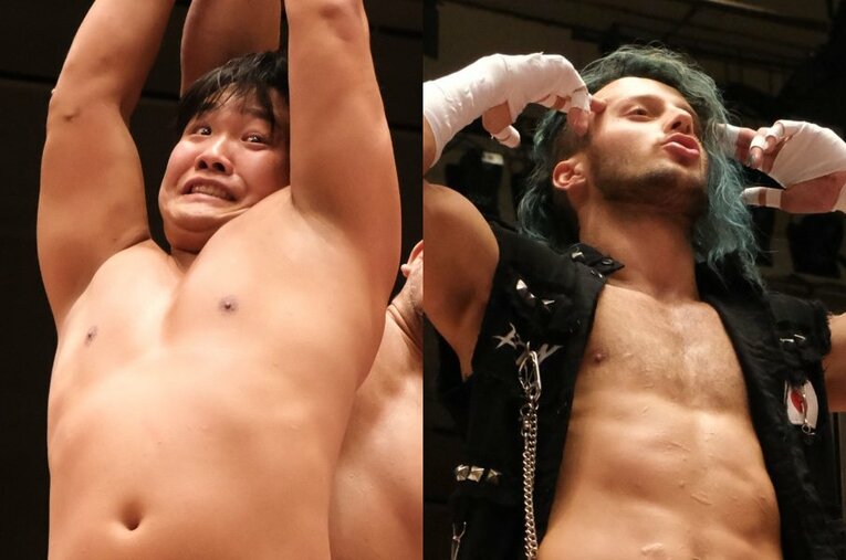 大日本プロレス新世代のエース、ドリュー・パーカー（右、第2代GCWウルトラバイオレント王者）と野村卓矢（左、BJW認定ストロングヘビー級王者） ／ photograph by Norihiro Hashimoto