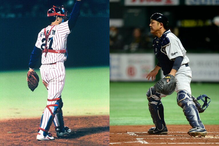 現役時代の古田敦也と谷繁元信。いまやYouTube上でのレジェンドの共演も珍しくなくなった　©Sports Graphic Number