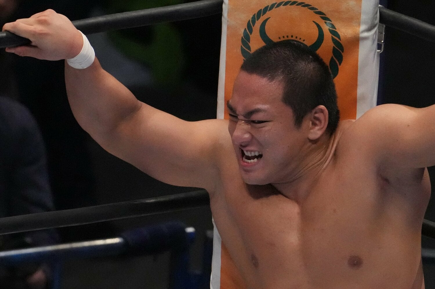 コーナーで闘志を見せる海野翔太 ©Masashi Hara