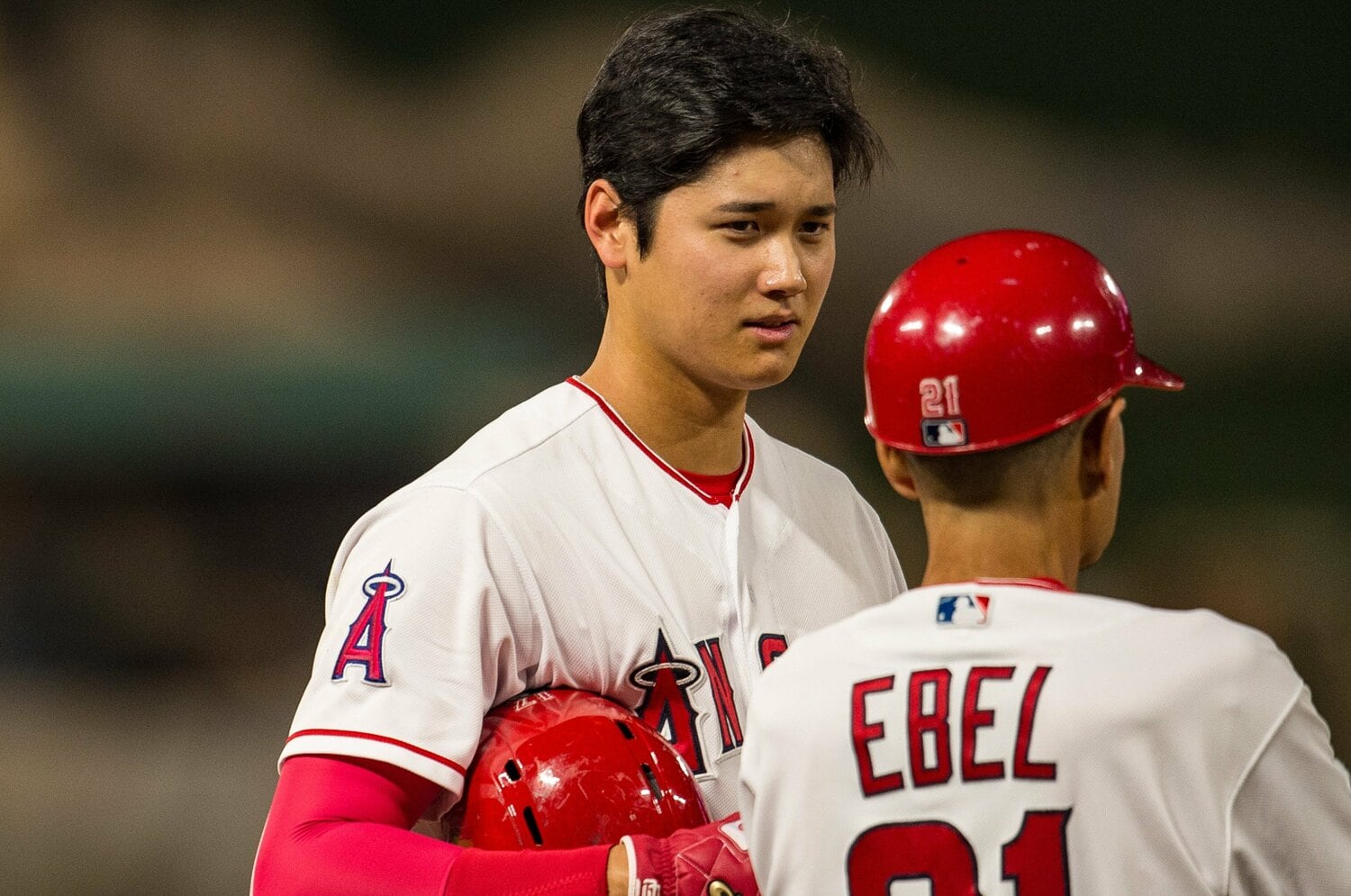 2018年、エンゼルス時代の大谷とエベルコーチ　©Nanae Suzuki