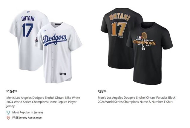 ワールドシリーズ優勝バッジ付きユニフォームと記念Tシャツ　※MLBShop.comより